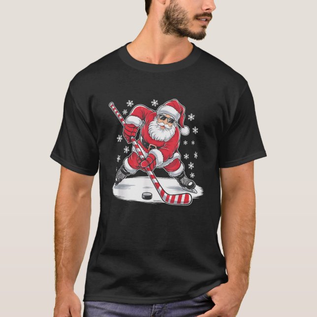 Funny Christmas Santa Playing Ice Hockey Xmas Spor T-Shirt (Front)