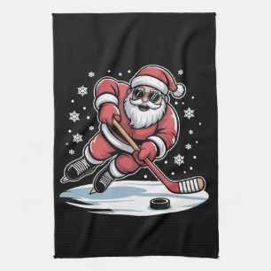 Funny Christmas Santa Playing Ice Hockey Xmas Tea Towel