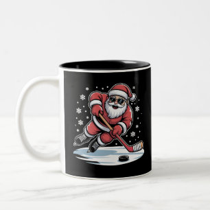 Funny Christmas Santa Playing Ice Hockey Xmas  Two-Tone Coffee Mug
