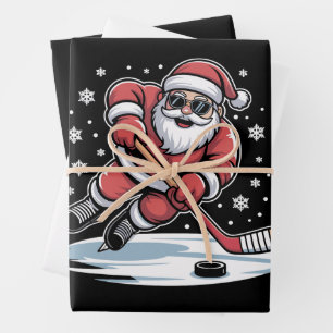 Funny Christmas Santa Playing Ice Hockey Xmas  Wrapping Paper Sheet