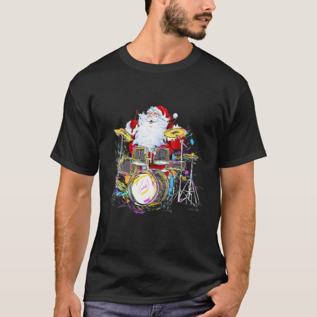 Funny Christmas Santa Playing The Drums Crazy Drum T-Shirt (Front)