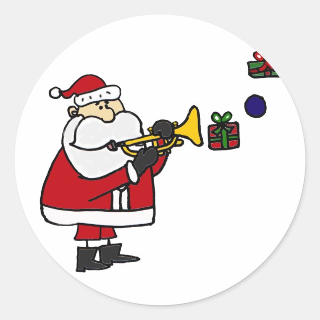 Funny Christmas Santa Playing Trumpet Classic Round Sticker (Front)
