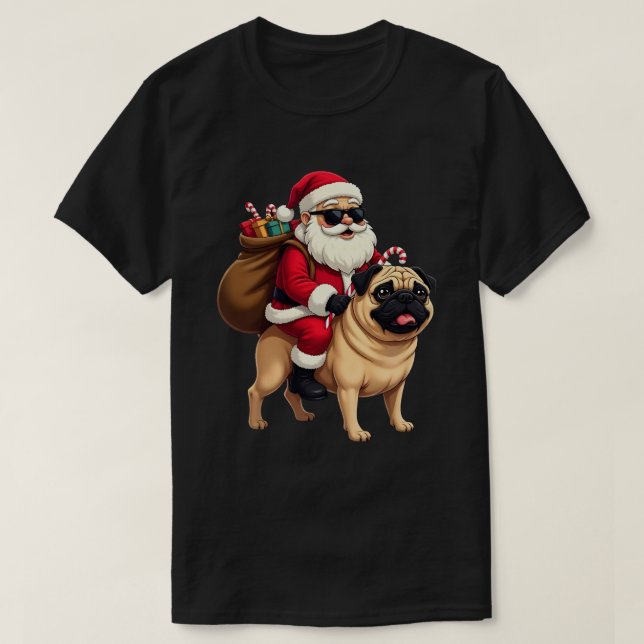 Funny Christmas Santa Riding Pug T-Shirt (Design Front)