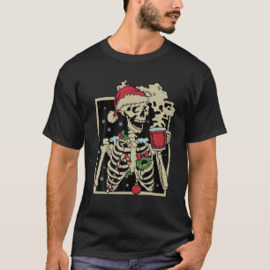 Funny Christmas Santa Skeleton Drinking Coffee Xma T-Shirt