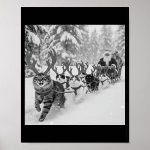Funny Christmas Santa Sleigh Cats Reindeer Selfie Poster