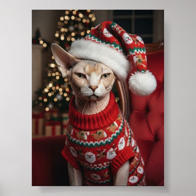 Funny Christmas Santa Sphynx Cat in Sweater Poster (Front)