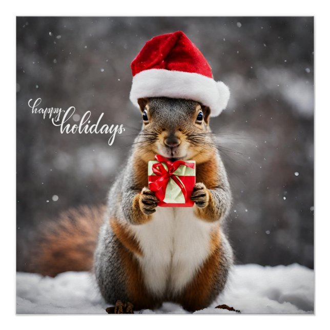 Funny Christmas Santa Squirrel with Present Poster (Front)