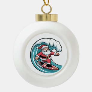 Funny Christmas Santa Surfing Board Surf Ceramic Ball Christmas Ornament