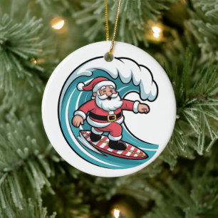 Funny Christmas Santa Surfing Board Surf Ceramic Tree Decoration