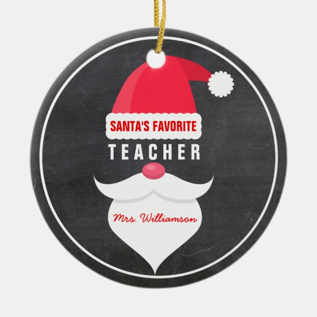 Funny Christmas Santa's Favourite Teacher Custom Ceramic Tree Decoration (Front)