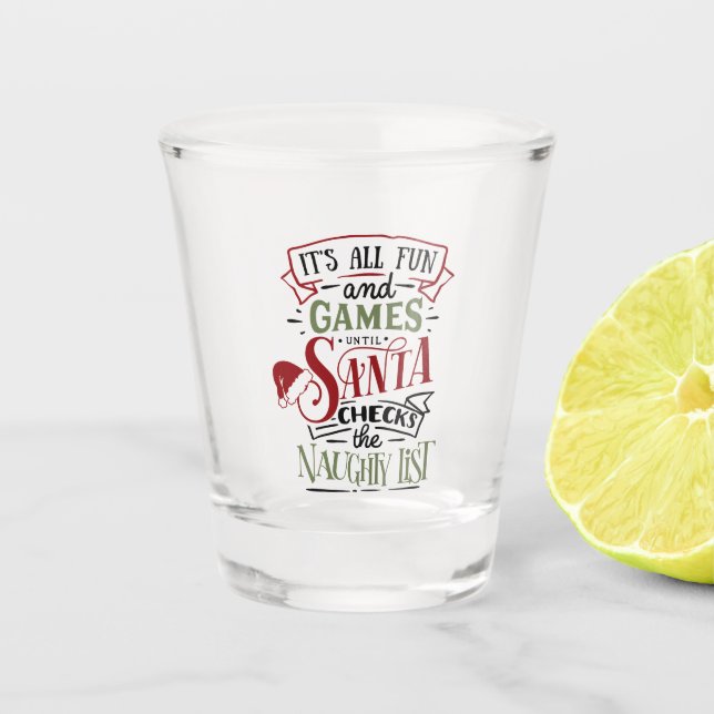 funny Christmas Santa's list word art Shot Glass (Front)
