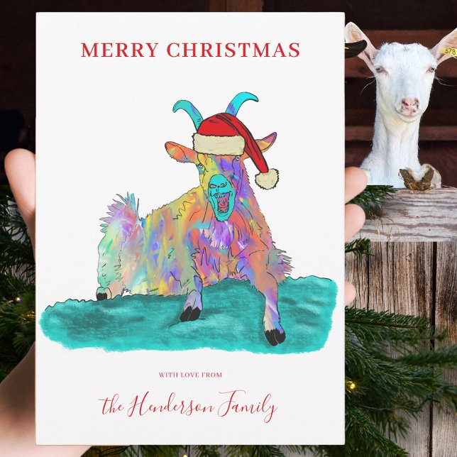 Funny Christmas Screaming Goat Wearing a Santa Hat Holiday Card (Funny Christmas screaming goat wearing a Santa hat custom holiday greetings card colour animal art)