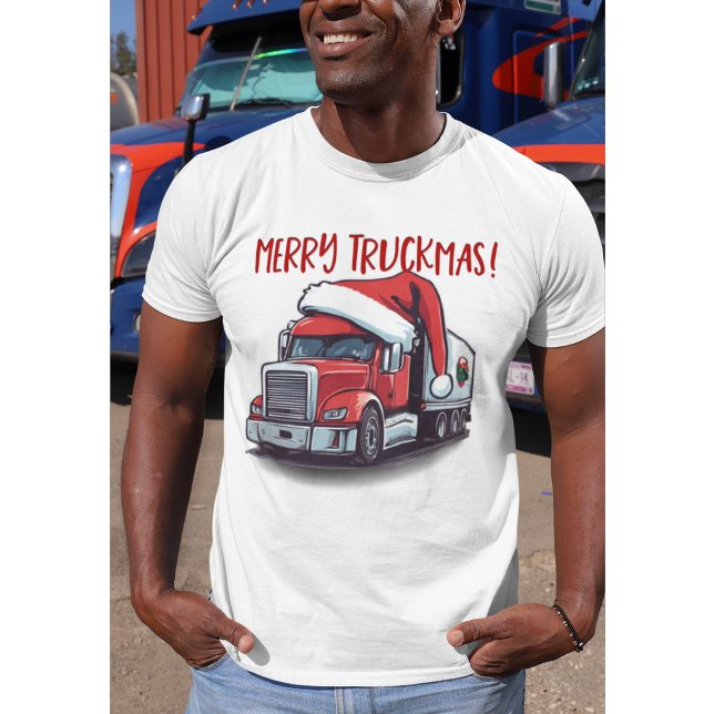 Funny Christmas Semi Transport Truck Truckmas T-Shirt (Merry Truckmas, A gift for truck drivers featuring a transport truck wearing a Santa hat.)