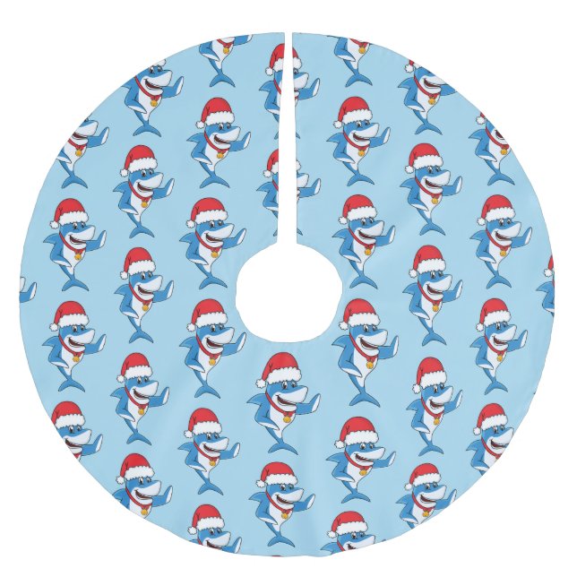 Funny Christmas shark cartoon illustration Brushed Polyester Tree Skirt (Front)