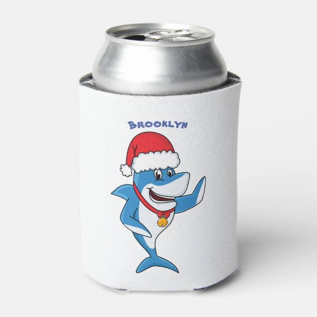 Funny Christmas shark cartoon illustration Can Cooler (Can Front)