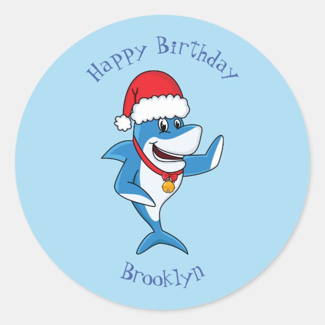 Funny Christmas shark cartoon illustration Classic Round Sticker (Front)