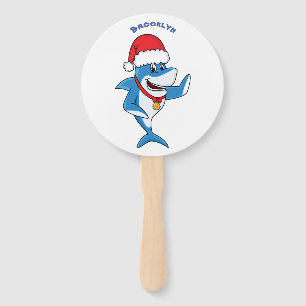 Funny Christmas shark cartoon illustration Hand Fan