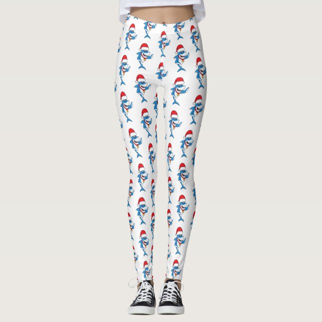 Funny Christmas shark cartoon illustration Leggings (Front)