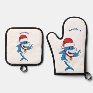 Funny Christmas shark cartoon illustration Oven Mitt & Pot Holder Set