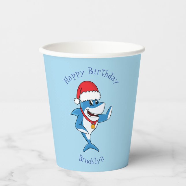 Funny Christmas shark cartoon illustration Paper Cups (Front)