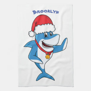 Funny Christmas shark cartoon illustration Tea Towel
