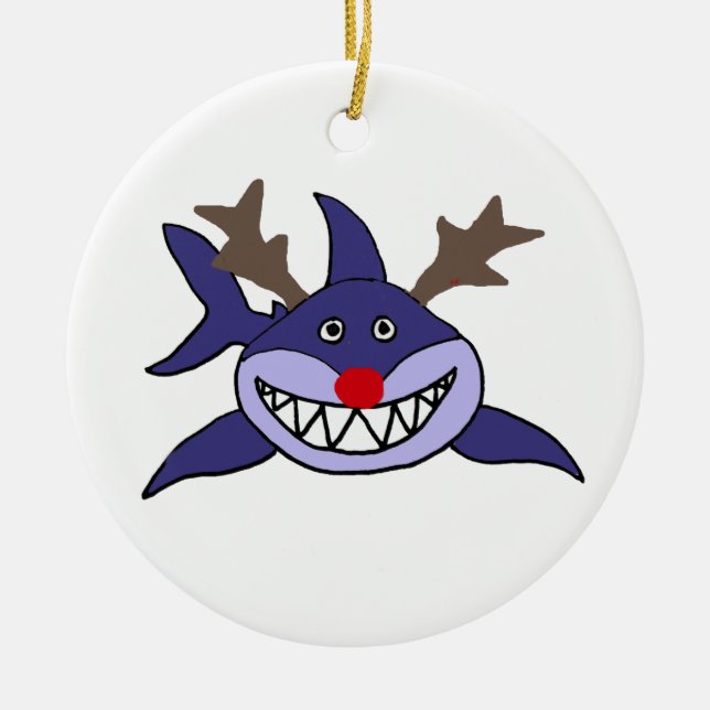 Funny Christmas Shark Reindeer Ceramic Tree Decoration (Front)