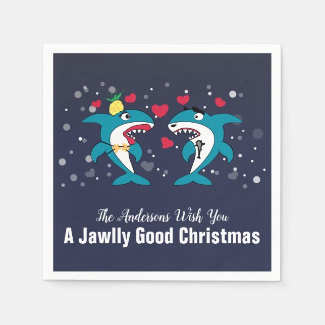 Funny Christmas Sharks Family Name Navy Napkin (Front)