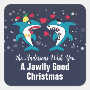 Funny Christmas Sharks Family Name Navy Square Sticker