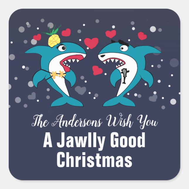 Funny Christmas Sharks Family Name Navy Square Sticker (Front)