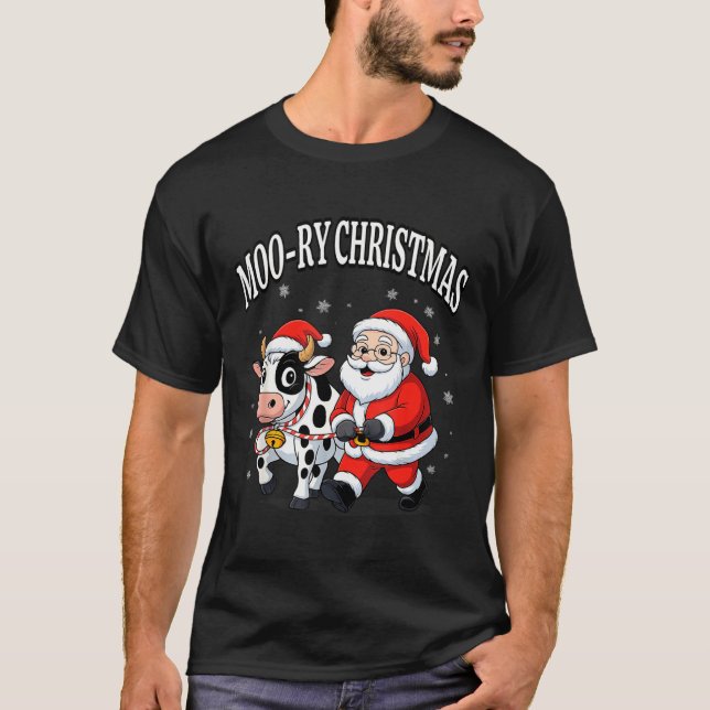 Funny Christmas Shirts - Cow Moo-ry Xmas Santa  (Front)