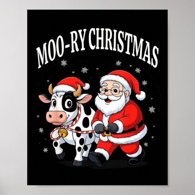 Funny Christmas Shirts - Cow Moo-ry Xmas Santa  Poster (Front)