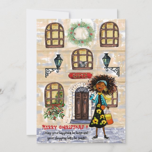 Funny Christmas Shopping Small Bills Big Happiness Holiday Card (Front)