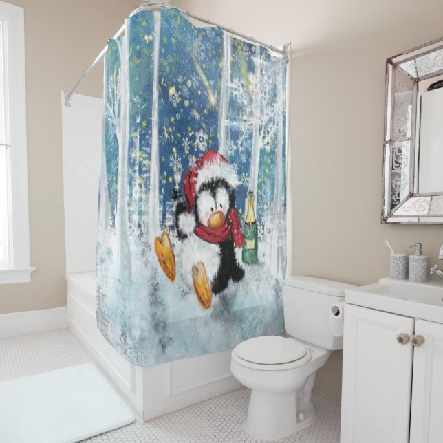 Funny Christmas Shower Curtain Happy Penguin (In Situ)