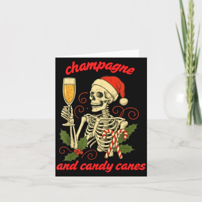 Funny Christmas Skeleton Champagne And Candy Canes Card (Front)