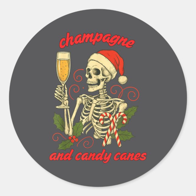 Funny Christmas Skeleton Champagne And Candy Canes Classic Round Sticker (Front)