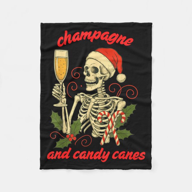 Funny Christmas Skeleton Champagne And Candy Canes Fleece Blanket (Front)