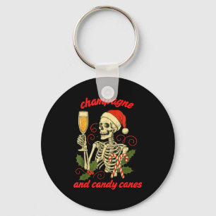 Funny Christmas Skeleton Champagne And Candy Canes Key Ring