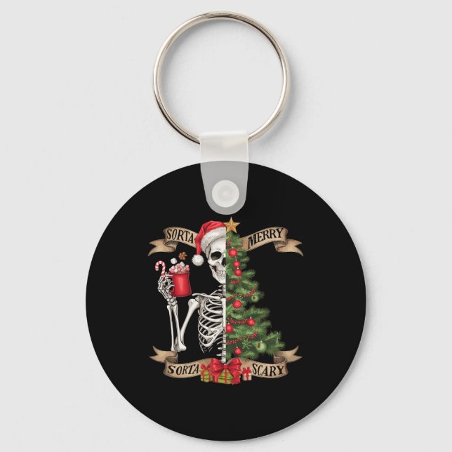 Funny Christmas Skeleton Sorta Merry Sorta Scary T Key Ring (Front)