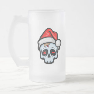 Funny Christmas Skull, Cartoon Style Frosted Glass Beer Mug