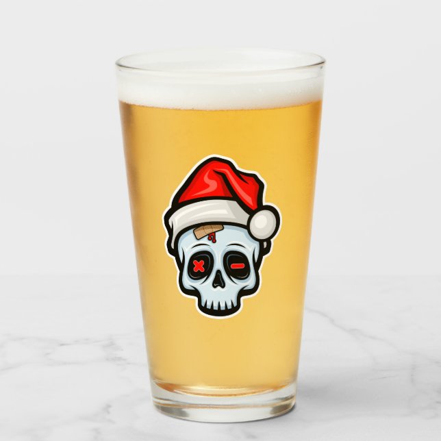 Funny Christmas Skull, Cartoon Style Glass (Front Filled)