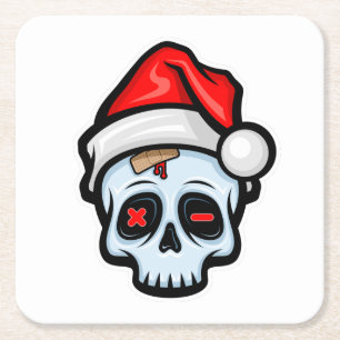 Funny Christmas Skull, Cartoon Style Square Paper Coaster