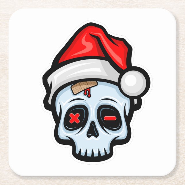 Funny Christmas Skull, Cartoon Style Square Paper Coaster (Front)