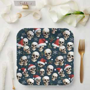 Funny Christmas Skulls in Santa Hats Paper Plate