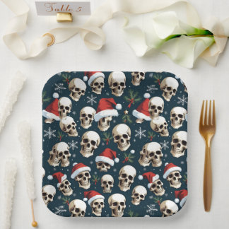 Funny Christmas Skulls in Santa Hats Paper Plate