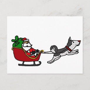 Funny Christmas Sleigh with Husky Dog Pulling Holiday Postcard