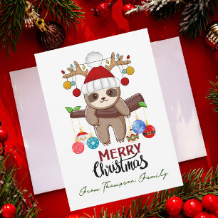 Funny Christmas Sloth & Family Photo Custom Holiday Card