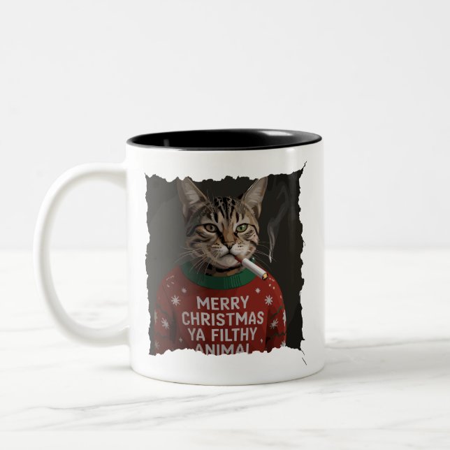Funny Christmas Smoking Cat Sarcastic Holiday Meme Two-Tone Coffee Mug (Left)