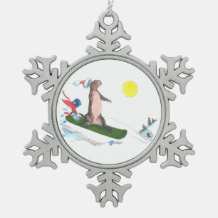 Funny Christmas Snowboarding Otter Holiday Design Snowflake Pewter Christmas Ornament