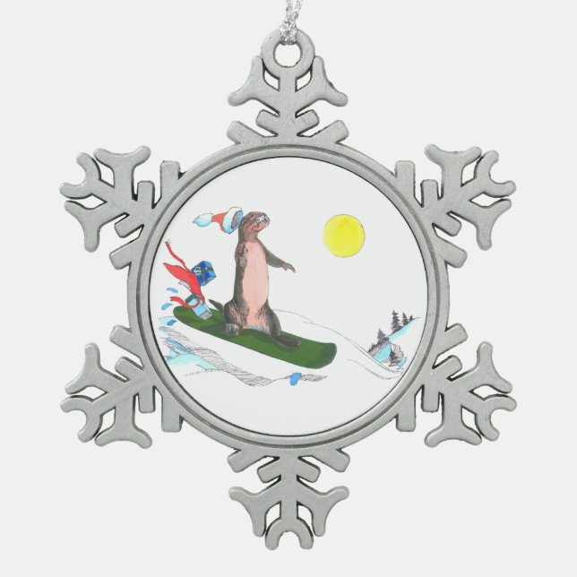 Funny Christmas Snowboarding Otter Holiday Design Snowflake Pewter Christmas Ornament (Front)