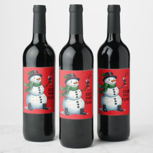Funny Christmas snowman good times drinking party Wine Label